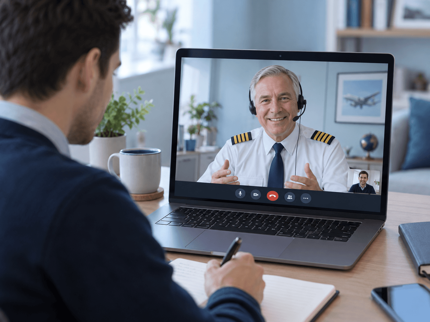 Illustration of a customer practicing with an airline captain over a video call